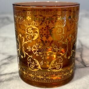 VINTAGE Gold Filigree Glass Candle Holder Moroccan Cup amber burnt Orange